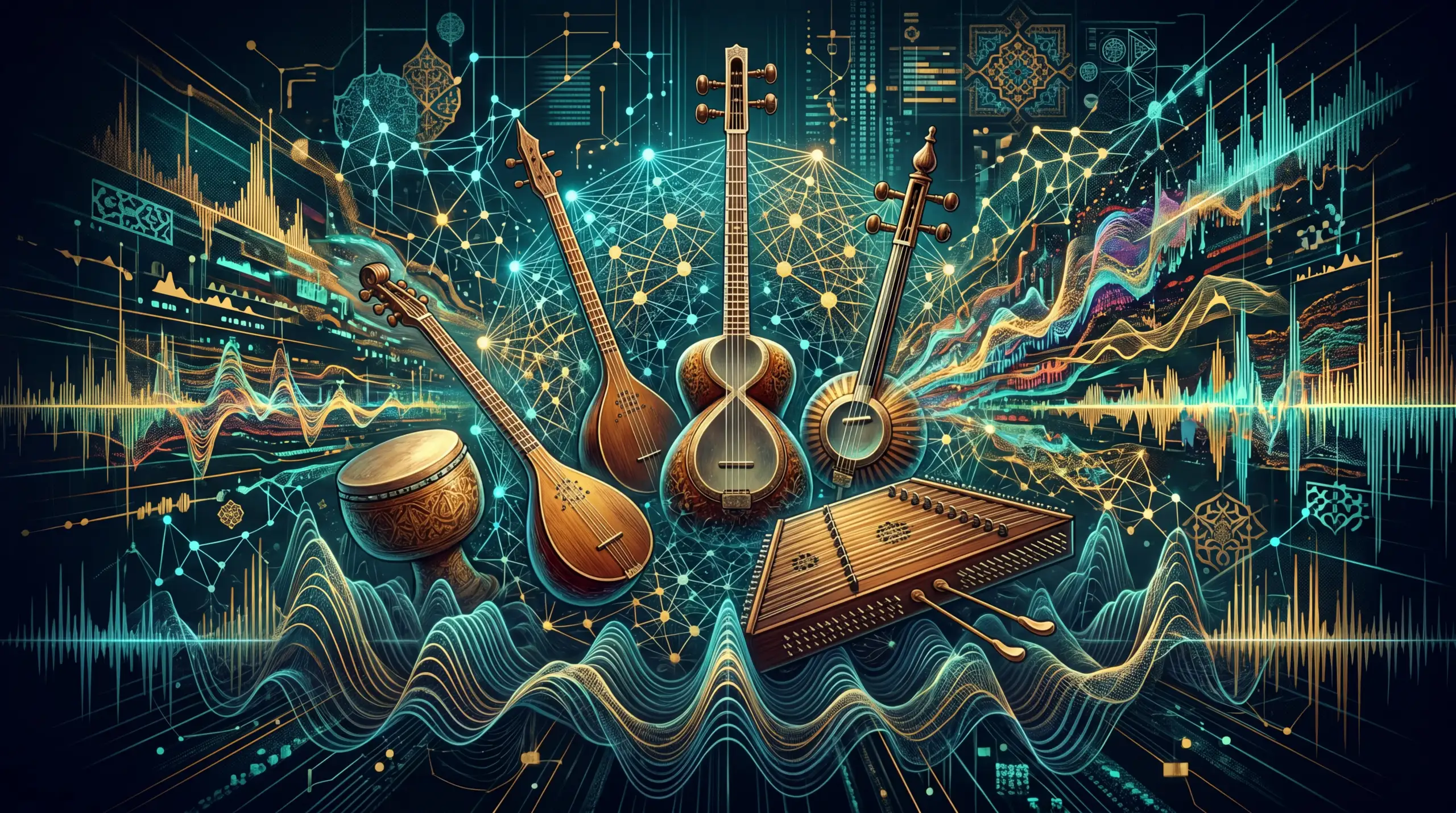 ai-capability-persian-sound-analysis Digital visualization of AI analyzing Persian music sound patterns and spectral features