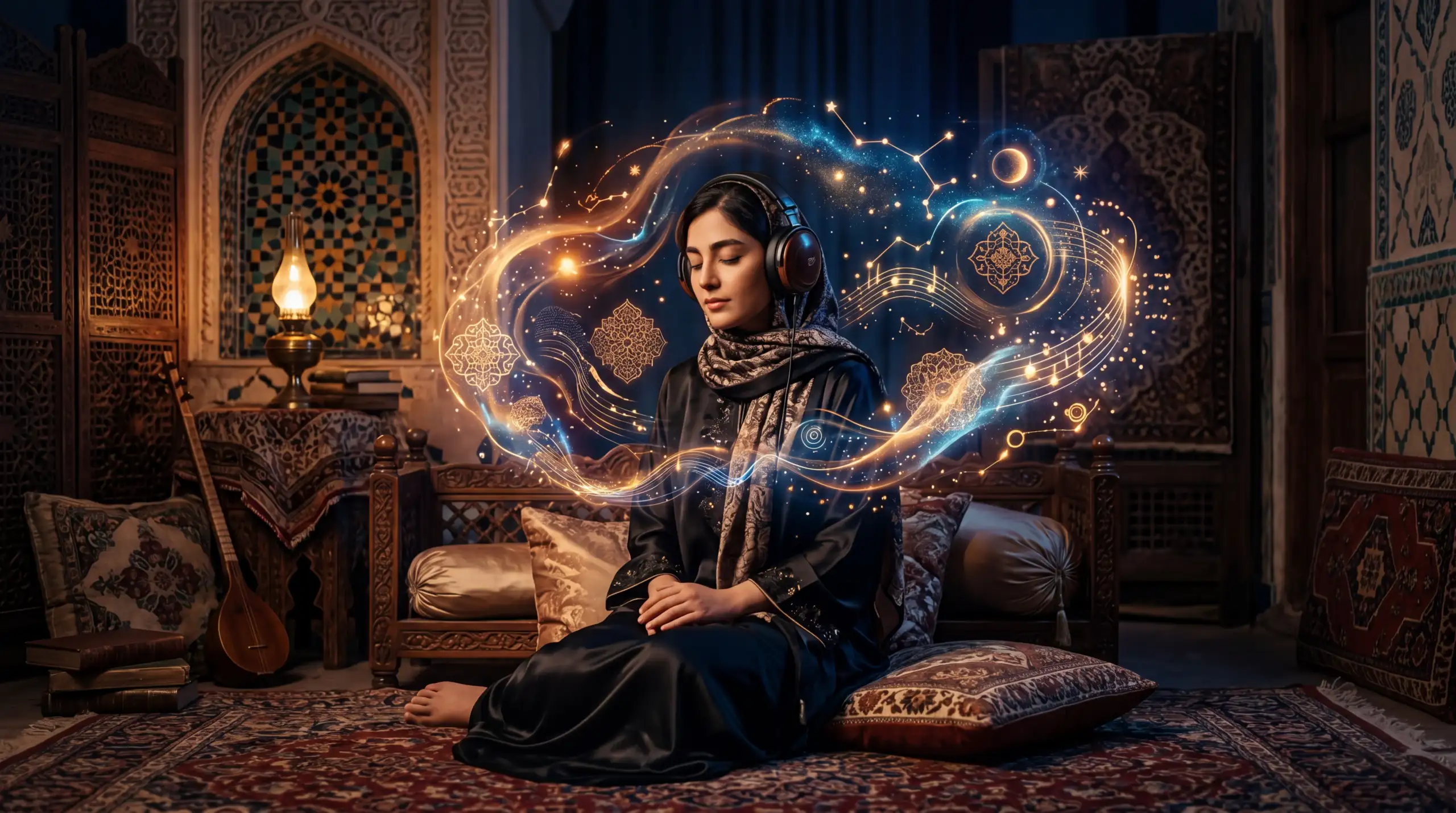 ai-listening-to-persian-music-concept A listener experiencing Persian music while AI-like sound patterns emerge around traditional instruments