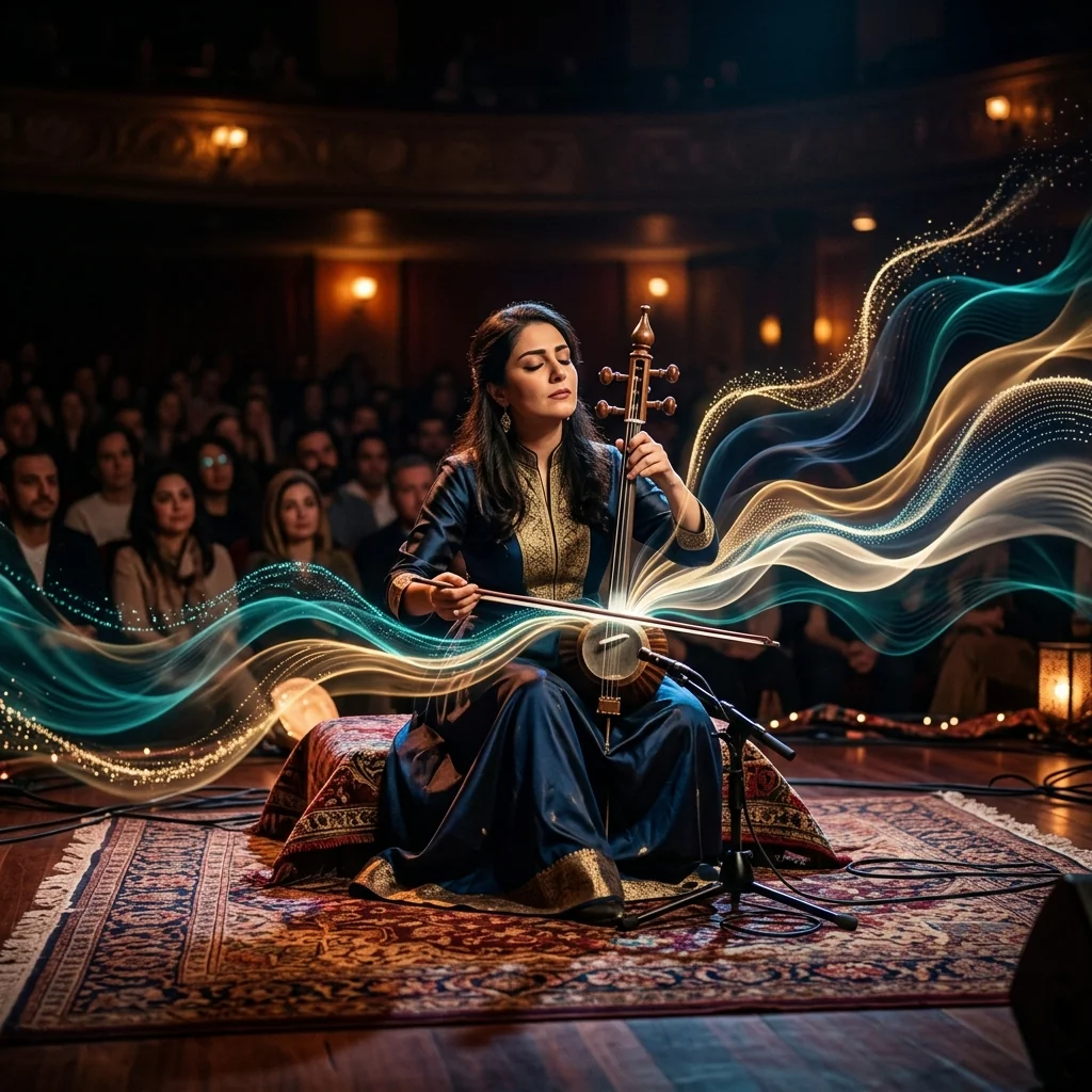hybrid-performance-persian-music-ai A hybrid performance combining human Persian musicianship with AI-generated sound elements