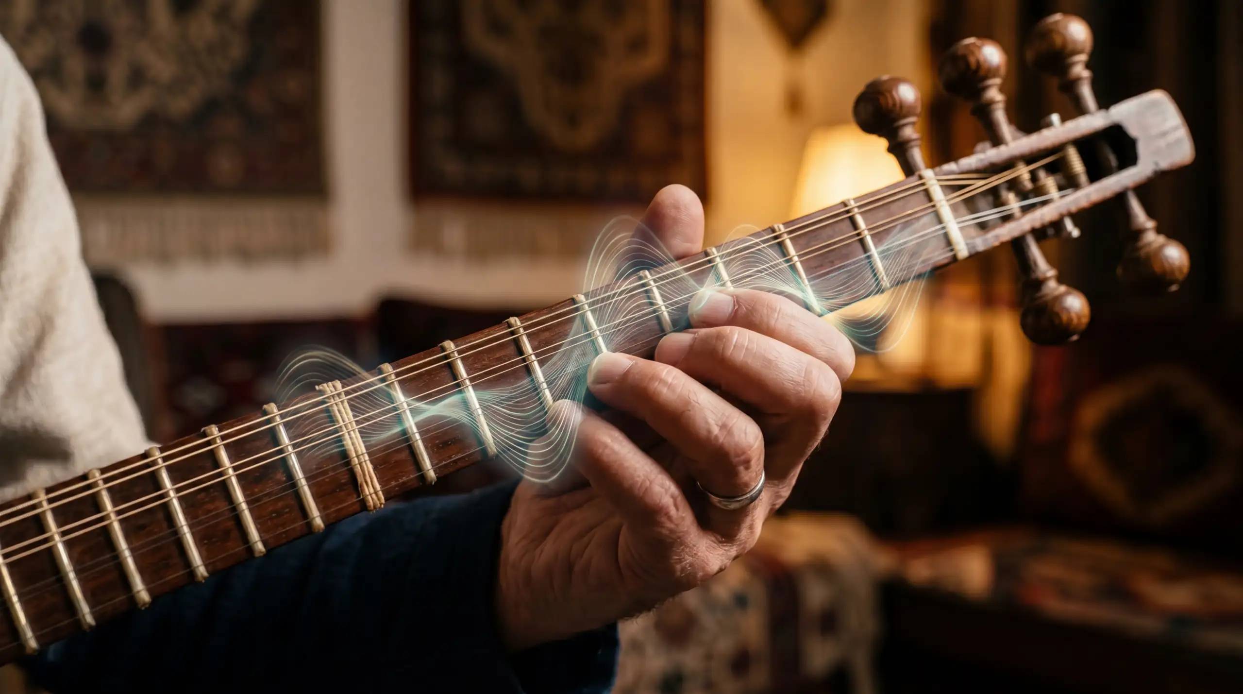 persian-microtonality-concept Close-up of Persian string instruments with subtle sound waves representing microtonal nuance