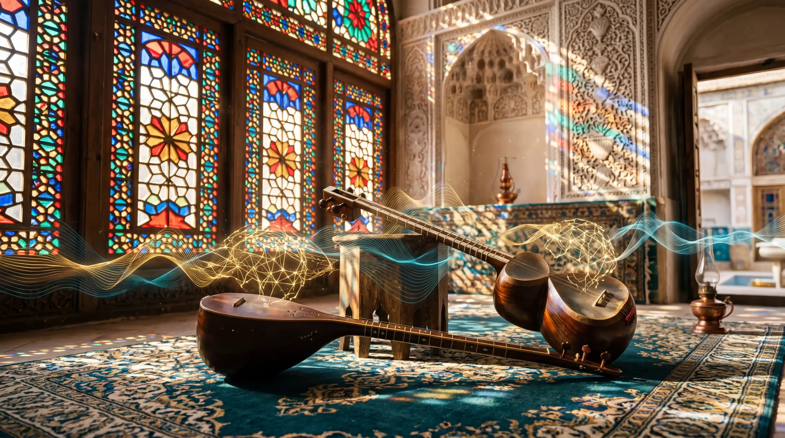 Persian string instruments surrounded by an abstract sound-wave motif