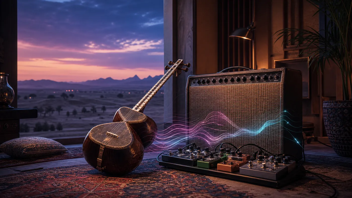 Persian tar, guitar amplifier and effects pedals illustrating Persian psychedelic rock