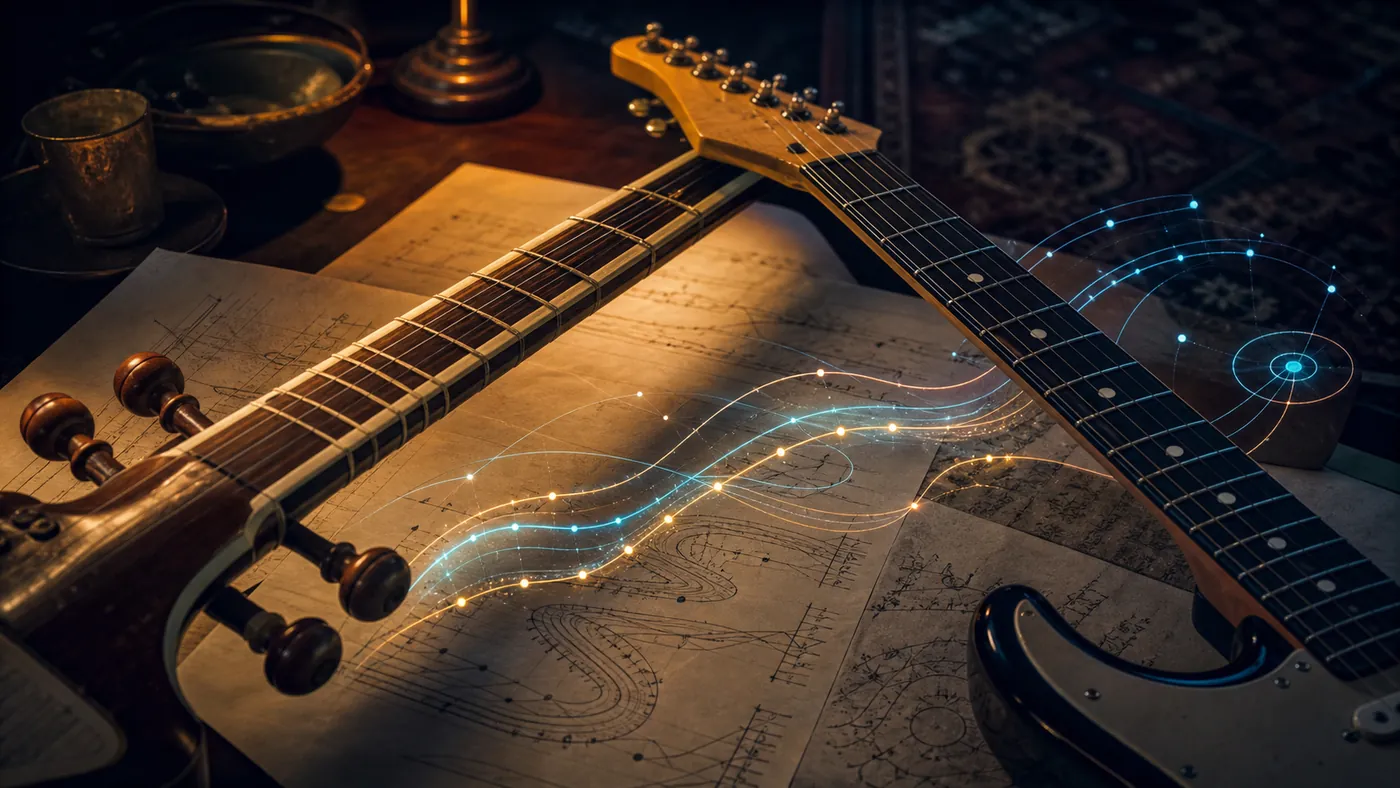 Persian tar and electric guitar crossing above modal sketches and luminous melodic paths