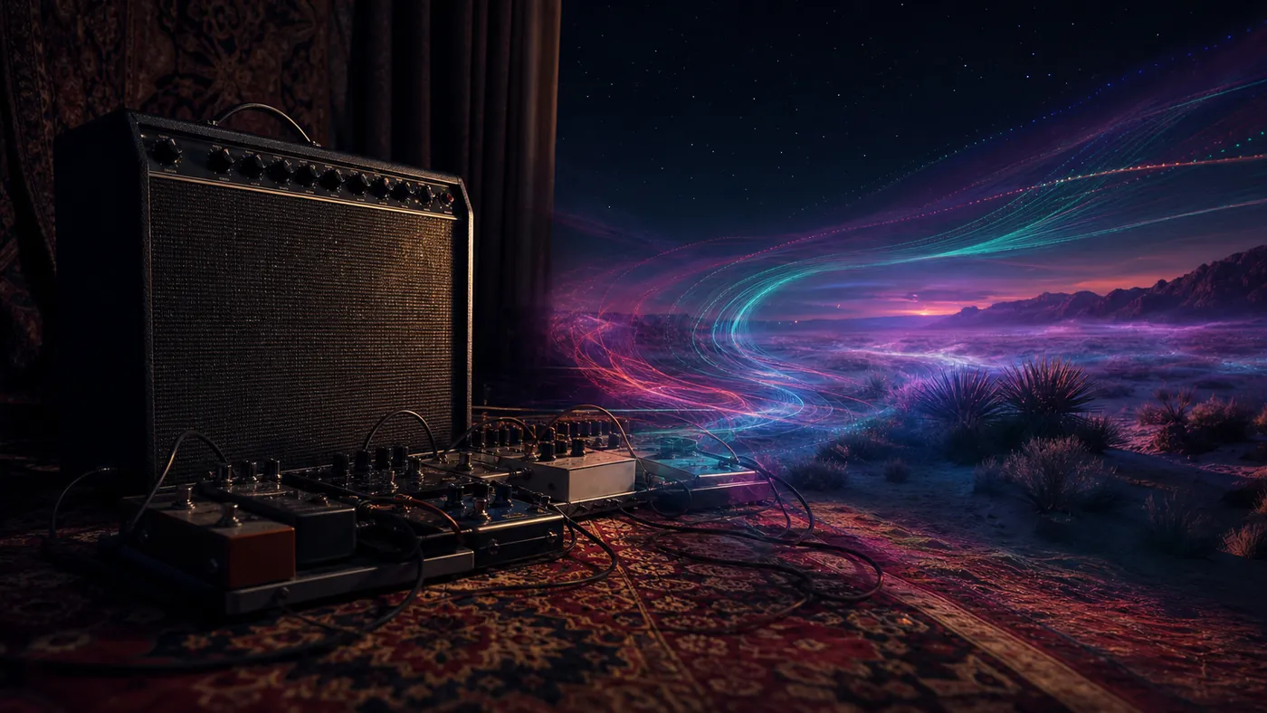 Amplifier and effects pedals opening into a luminous desert night