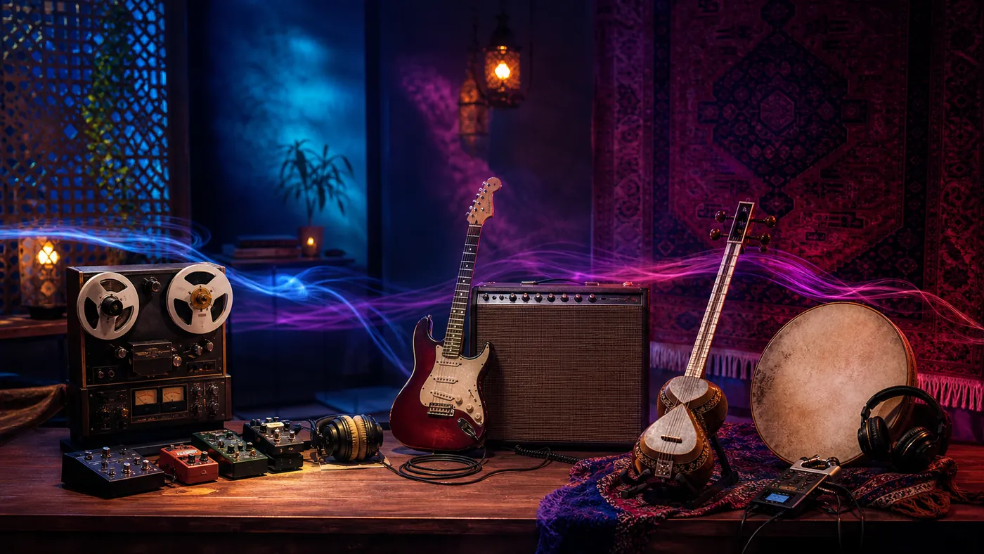 Reel-to-reel recorder, electric guitar, Persian tar, frame drum and recording equipment