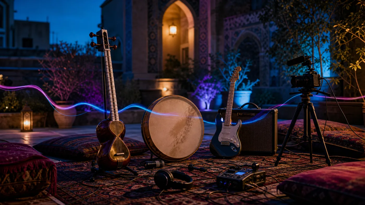Persian tar, frame drum, electric guitar and recording camera arranged for a long-form courtyard session