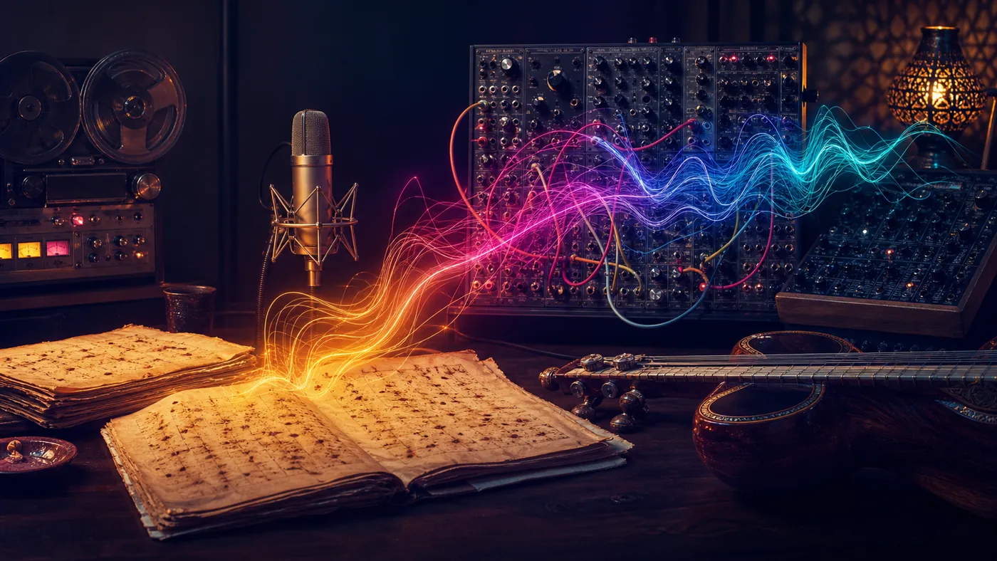 Poetry manuscript, microphone, modular synthesizer and Persian instrument joined by luminous waveforms