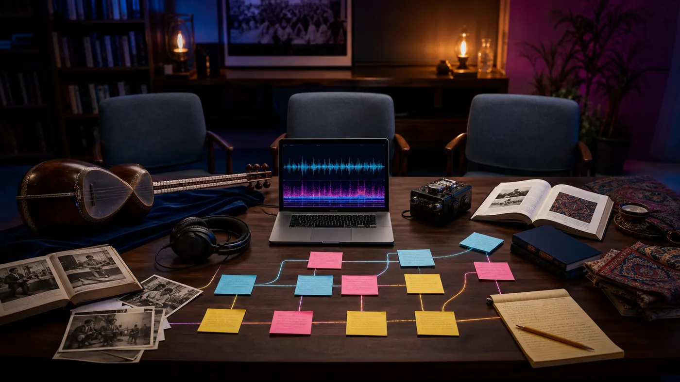 Persian tar, source books, archive photographs, evidence notes and audio waveform at a collaborative review table