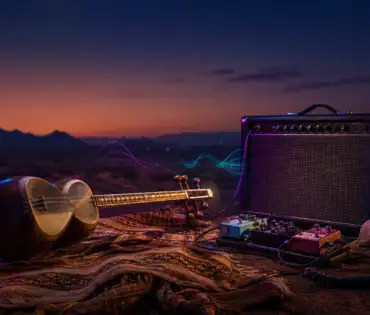 Persian tar beside a vintage guitar amplifier at desert twilight