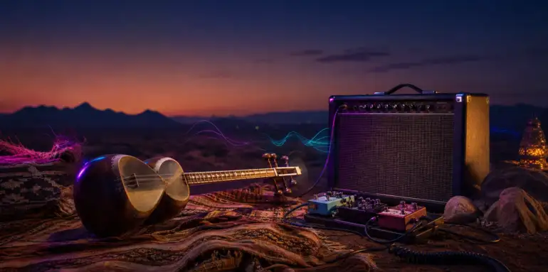 Persian tar beside a vintage guitar amplifier at desert twilight