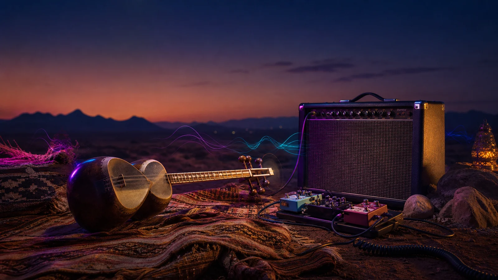 Persian tar beside a vintage guitar amplifier at desert twilight