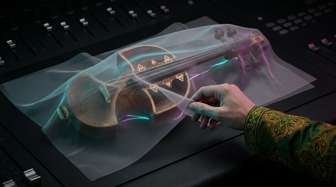 A musician’s hand compares a tar phrase, rhythm tracing sheet and waveform beside an out-of-focus laptop