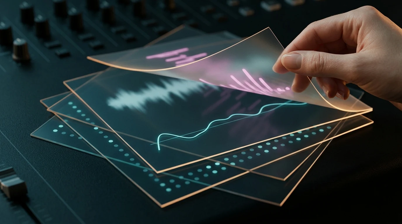 A hand aligns translucent pulse, melodic contour and waveform layers over a dark sound desk
