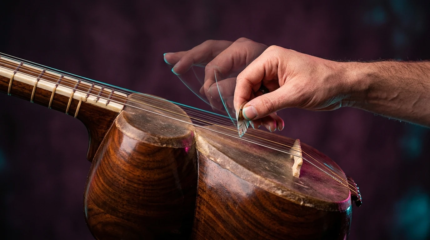 Persian tar plectrum shown in four translucent stages of an alternating stroke