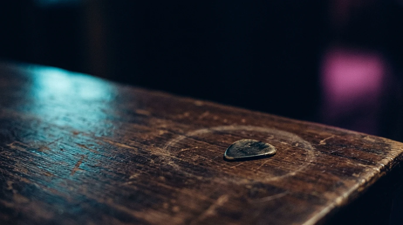 A tar plectrum rests on worn wood beside a fading cyan reflection