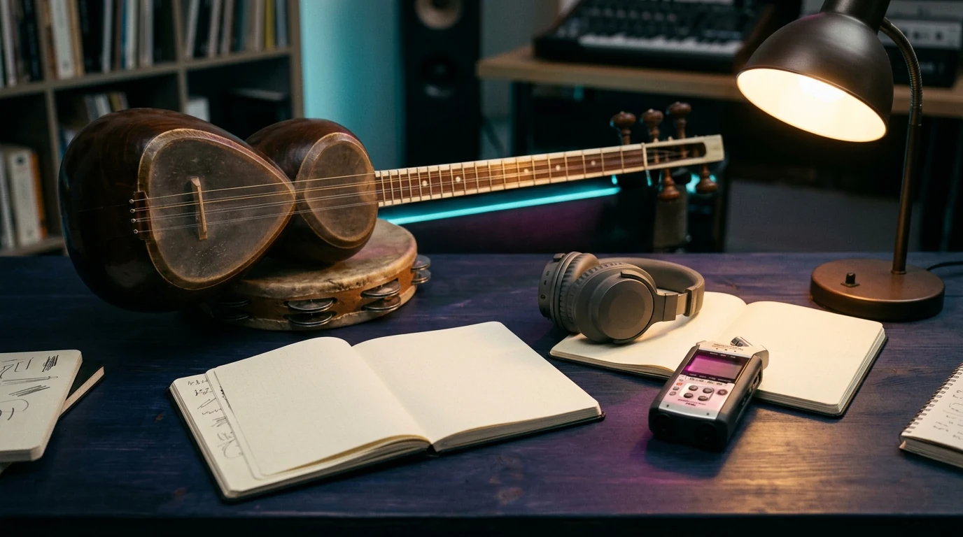 Persian tar, frame drum, headphones, audio recorder and blank research notebooks on a listening desk