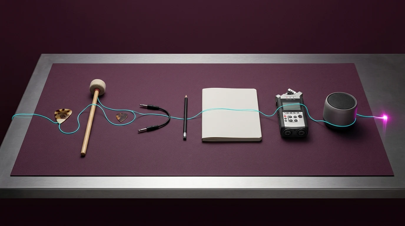 Tar plectrum, frame-drum beater, guitar pick, recorder and blank source ledger arranged as a production workflow