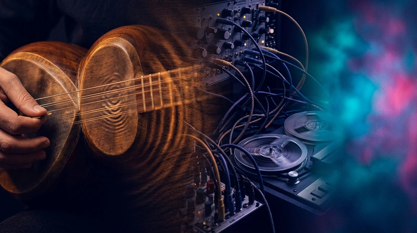 A tar string gesture visually transforms into tape echo, modular synthesis and spacious coloured light