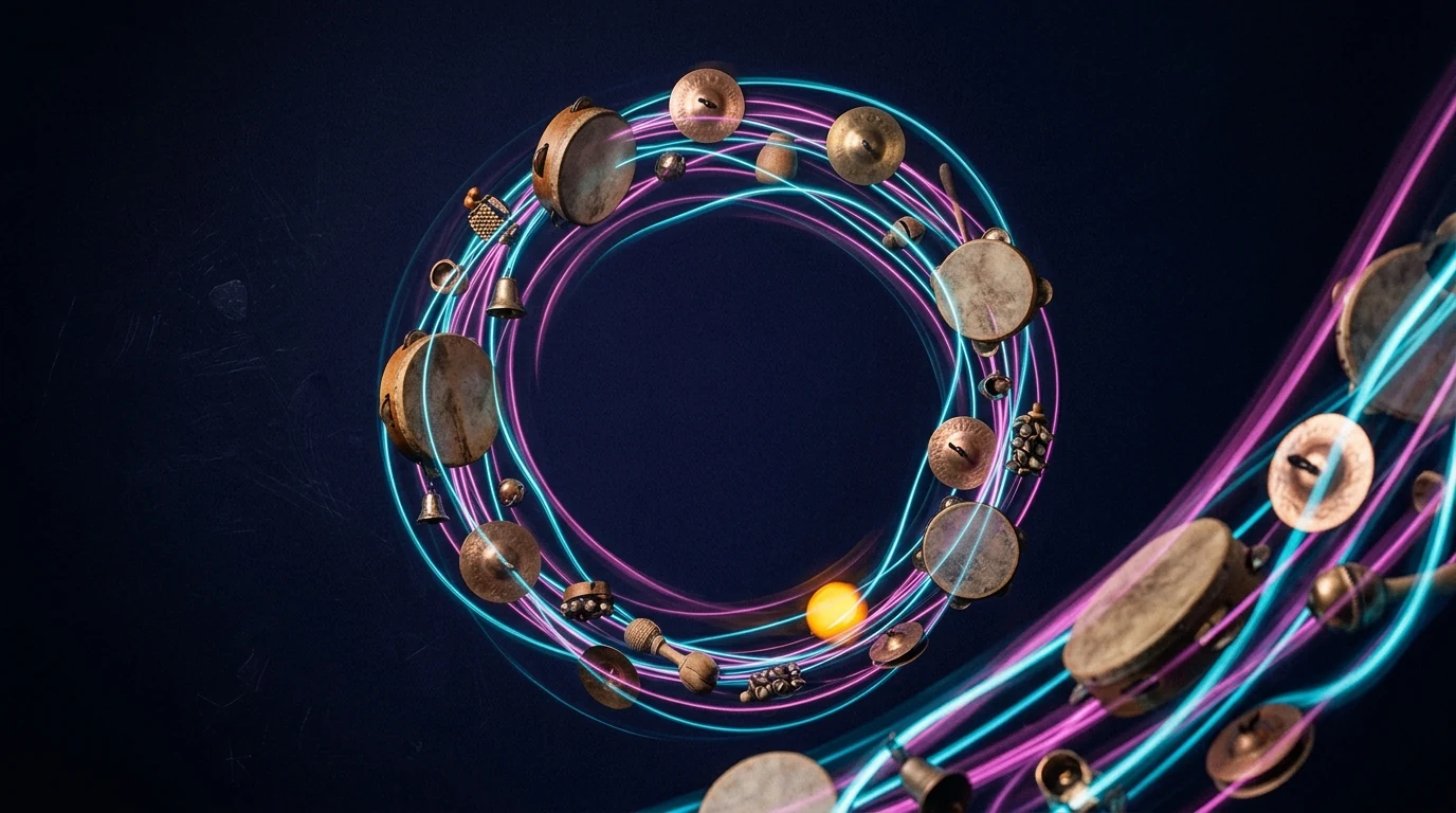 Percussion objects and plectrum marks forming a luminous circular path around an open centre