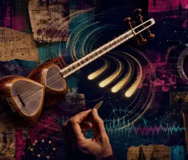 Persian tar, plectrum and four luminous strokes layered with analogue tape, notation and waveform textures in a psychedelic collage