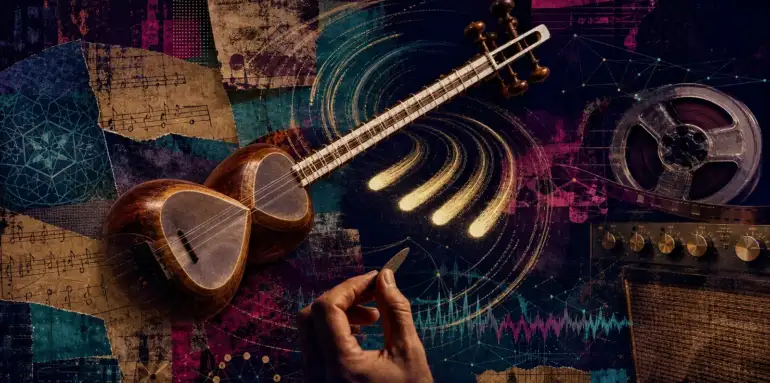 Persian tar, plectrum and four luminous strokes layered with analogue tape, notation and waveform textures in a psychedelic collage