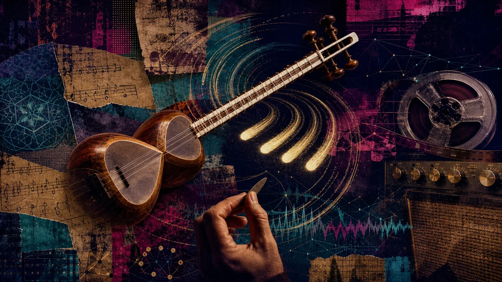 Persian tar, plectrum and four luminous strokes layered with analogue tape, notation and waveform textures in a psychedelic collage