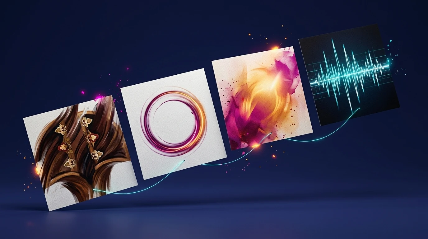 Four blank square art panels trace an ascending arc from plectrum strokes to a spacious waveform