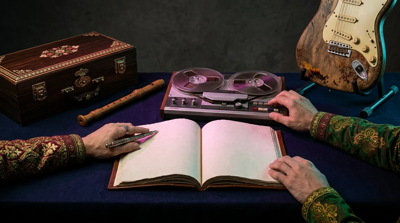 Two collaborators compare a Persian instrument, headphones, recorder and blank evidence notes at a review table