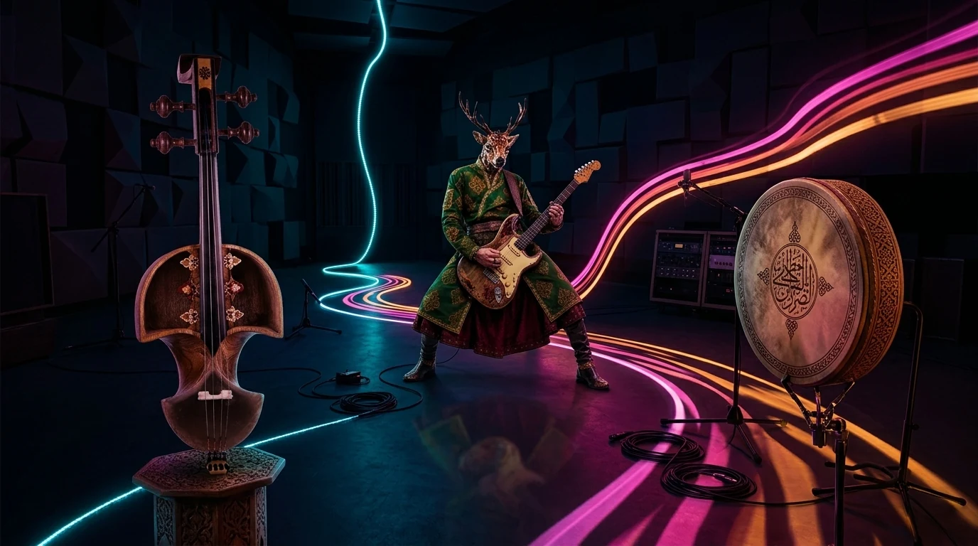 Luminous cyan, magenta and amber path moving past tar, bass guitar and frame drum toward a quiet horizon