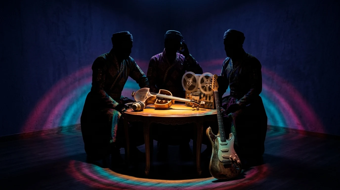 Silhouetted listeners gathered around a Persian string instrument as coloured sound ripples fill the room
