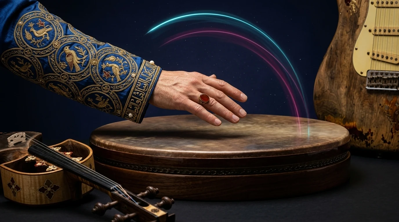 Persian frame drum, plectrum and string instrument arranged around repeated arcs of cyan and magenta light